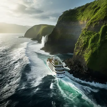 Cruise ship near lush coastal cliffs. - Image 3