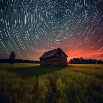 Radiant star trails above a tranquil meadow with a lone barn - Image 1