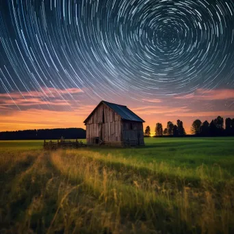 Radiant star trails above a tranquil meadow with a lone barn - Image 2