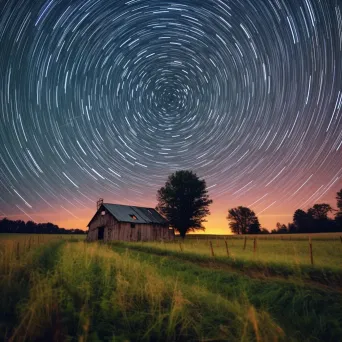 Radiant star trails above a tranquil meadow with a lone barn - Image 3