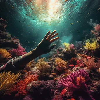 Hands reaching out from colorful coral reefs in a surreal underwater scene, surrounded by marine life. - Image 1