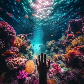 Hands reaching out from colorful coral reefs in a surreal underwater scene, surrounded by marine life. - Image 2