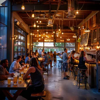 Interior of a local brewery with patrons enjoying beer and rustic decor - Image 1