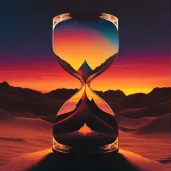 Hourglass filled with galaxies against vibrant sunset backdrop - Image 1