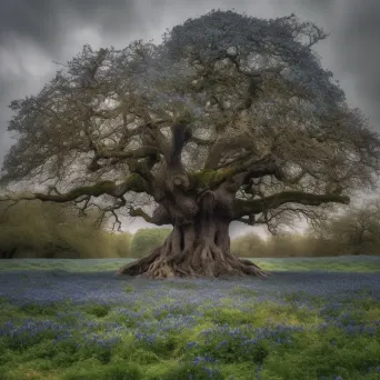 Image of an ancient oak tree with bluebell flowers at its base - Image 2