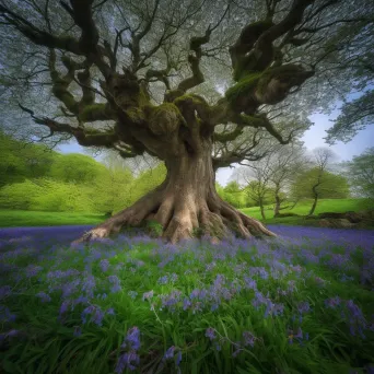 Image of an ancient oak tree with bluebell flowers at its base - Image 4