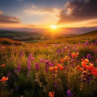 Wildflowers covering rolling hills at sunset. - Image 1