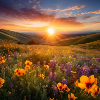 Wildflowers covering rolling hills at sunset. - Image 3