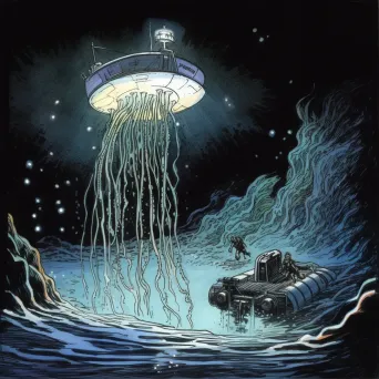 Illustration of a deep-sea exploration vehicle discovering an unknown species of glowing jellyfish in the ocean