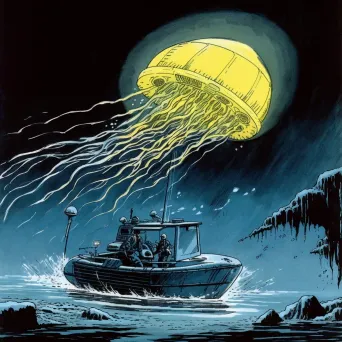 Illustration of a deep-sea exploration vehicle discovering an unknown species of glowing jellyfish in the ocean