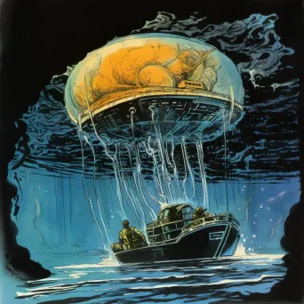 Illustration of a deep-sea exploration vehicle discovering an unknown species of glowing jellyfish in the ocean