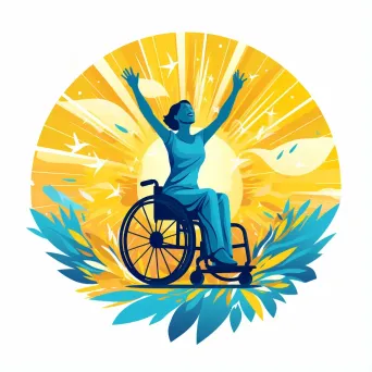 Logo with a person in a wheelchair, encircled by a bold sunburst, in yellow and blue. - Image 1