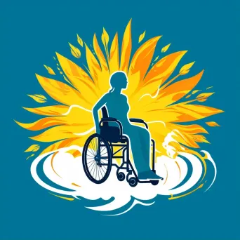 Logo with a person in a wheelchair, encircled by a bold sunburst, in yellow and blue. - Image 2