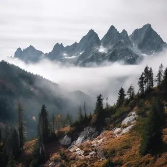 Towering mountain range with mist-shrouded peaks and alpine forests - Image 2