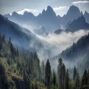 Towering mountain range with mist-shrouded peaks and alpine forests - Image 4