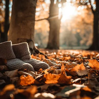 Knitted socks next to a vibrant pile of autumn leaves with sunlight filtering - Image 3