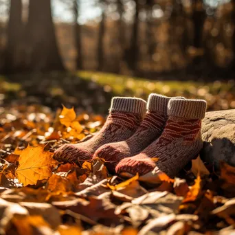 Knitted socks next to a vibrant pile of autumn leaves with sunlight filtering - Image 4