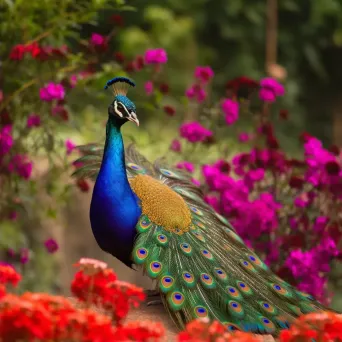 Flamboyant peacock displaying its colorful feathers in a blooming garden - Image 2