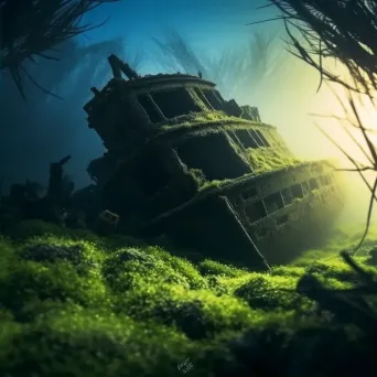 Skeleton of Sunken Ship with Deep Sea Vegetation