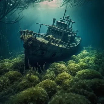 Skeleton of sunken ship with deep sea vegetation underwater - Image 3