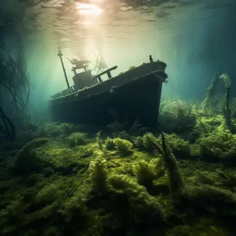 Skeleton of sunken ship with deep sea vegetation underwater - Image 4