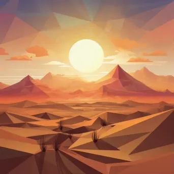 Low poly depiction of a blazing desert at sunset with towering sand dunes and a distant oasis - Image 1