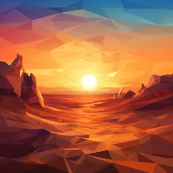 Low poly depiction of a blazing desert at sunset with towering sand dunes and a distant oasis - Image 2