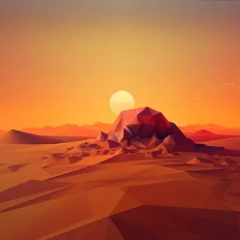 Low poly depiction of a blazing desert at sunset with towering sand dunes and a distant oasis - Image 3