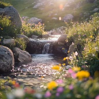 Gentle flowing water of a natural spring with wildflowers - Image 1