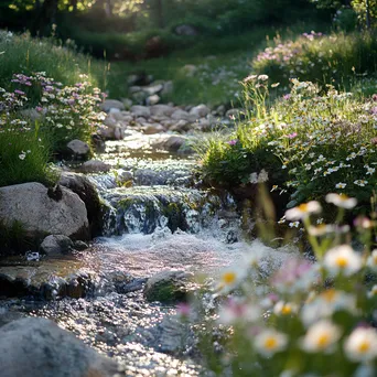 Gentle flowing water of a natural spring with wildflowers - Image 3