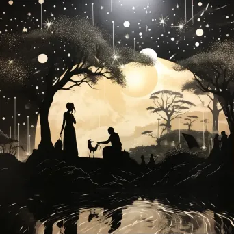 Stark silhouette style painting of Yoruba Orishas against a starry backdrop - Image 1