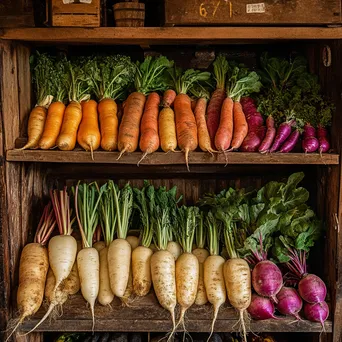 Colorful assortment of root vegetables in a cellar. - Image 2