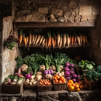 Colorful assortment of root vegetables in a cellar. - Image 3