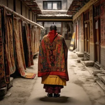 Monk in Tibetan traditional chuba robe with ornate patterns in a monastery courtyard with prayer flags. - Image 1