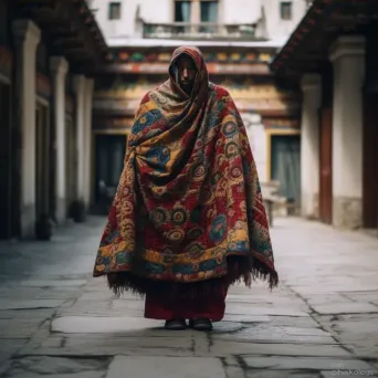 Monk in Tibetan traditional chuba robe with ornate patterns in a monastery courtyard with prayer flags. - Image 3