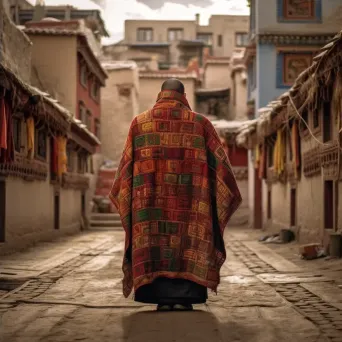 Monk in Tibetan traditional chuba robe with ornate patterns in a monastery courtyard with prayer flags. - Image 4