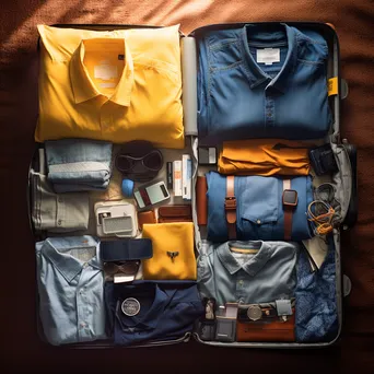 Aerial shot of a suitcase packed with clothes and a passport. - Image 1