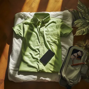 Aerial shot of a suitcase packed with clothes and a passport. - Image 4