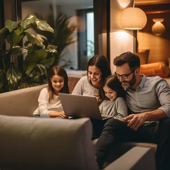 Family on couch using laptop for telehealth appointment - Image 1