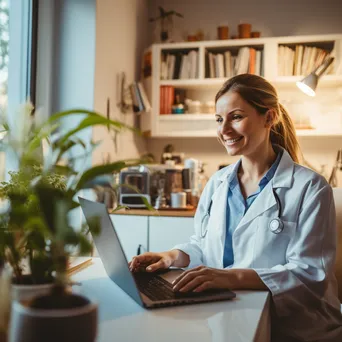 Nurse on a video call with a patient using a laptop in a bright home office. - Image 1