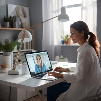 Nurse on a video call with a patient using a laptop in a bright home office. - Image 2