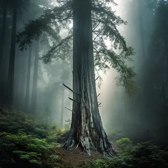 Sacred redwood tree surrounded by mist in coastal forest - Image 4