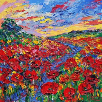 Artwork depicting blooming poppy field with silk-like petals glowing in sunlight - Image 2