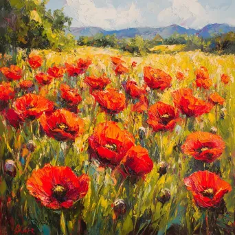 Artwork depicting blooming poppy field with silk-like petals glowing in sunlight - Image 4