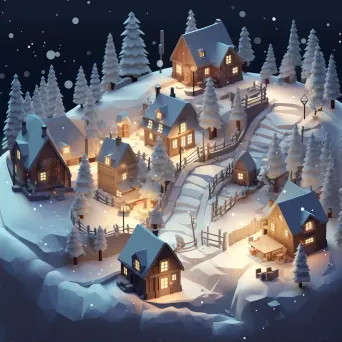 Isometric view of a low poly tranquil winter village under snowfall - Image 2