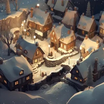 Isometric view of a low poly tranquil winter village under snowfall - Image 4