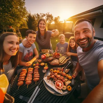 Family happily gathering around a barbecue table in the backyard - Image 1