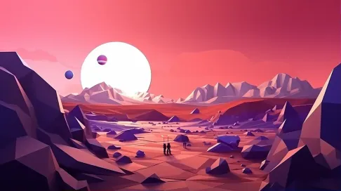 Vector-based low poly Mars landscape at twilight with Pop Art-style astronauts - Image 1