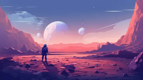 Vector-based low poly Mars landscape at twilight with Pop Art-style astronauts - Image 2