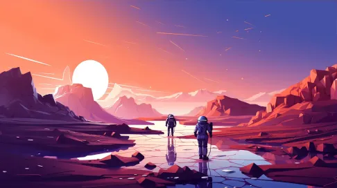 Vector-based low poly Mars landscape at twilight with Pop Art-style astronauts - Image 3